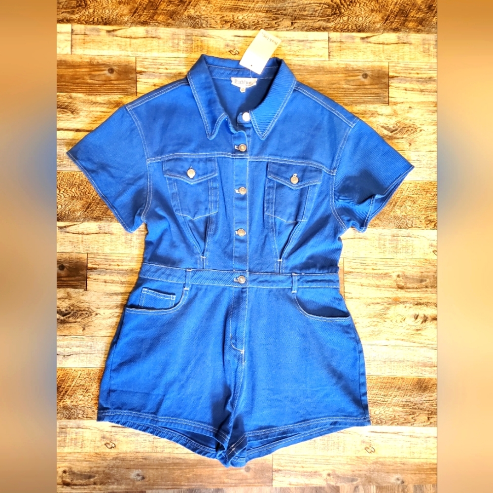 NEW Peach Love California Utility Blue Denim Jean Romper Jumpsuit Shorts Pockets - Picture 1 of 16